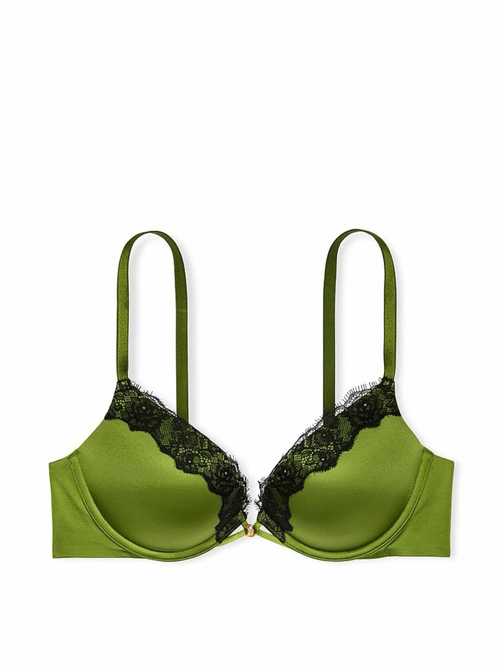 Victoria's Secret Olive Green Satin Bra with Black Lace Trim